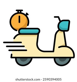 An electric bike with a stopwatch symbolizing eco-friendly transportation, speedy food delivery, and efficient delivery services round line vector icon with editable stroke