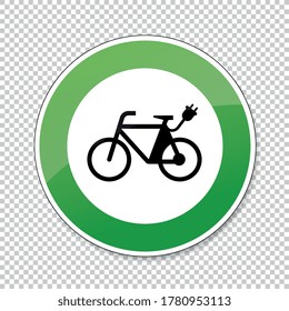 Electric bike traffic sign. German sign Electric bike, electro bicycle E-Bike E Bike Ebike electric bike electro bicycle eco friendly on checked transparent background. Vector Eps 10.