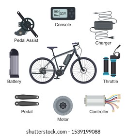 Electric Bike Vector E-bike Transportation With Ecologic Cycle Battery Power Energy Illustration Set Of Ebike Ecological Biking Pedal-assist Charger Console Throttle, Isolated On White Background.