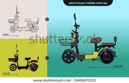 Electric bike vector icon set in three styles: outline, black fill, and lineal color. Side view illustration for infographics, transportation UI UX, and electric mobility designs.
