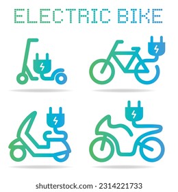 electric bike vector icons set bike, scooter, motorbikes, vespa, plug eco power, transport, isolated