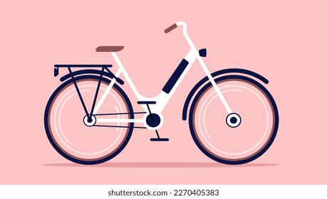 Electric bike - Vector illustration of female e-bike for women in white colour, side view and flat design on light pink background