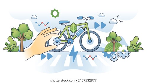 Bicicletas eléctricas y bicicletas alimentadas con electricidad perfilan el concepto de las manos. Bicicleta de micromovilidad para un transporte eficaz y sostenible en la Ilustración vectorial del entorno urbano. Ciclismo.