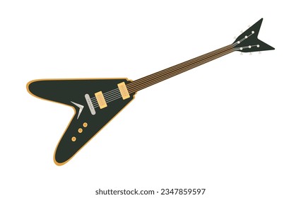 Electric black guitar concept. Musical string instrument. Rock music and song, sound. Musical band and group. Poster or banner. Cartoon flat vector illustration isolated on white background