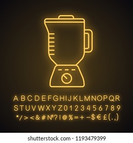 Electric blender with glass pitcher neon light icon. Stationary blender. Kitchen appliance. Glowing sign with alphabet, numbers and symbols. Vector isolated illustration