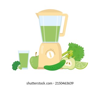 Electric blender with green vegetables and fruits and a glass of green smoothie. Vector flat illustration in cartoon style isolated on white background