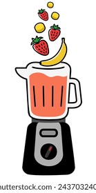 Electric blender making a juice or smoothie from strawberries and bananas. Healthy nutrition concept. Vector flat isolated. 