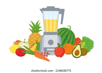 Electric blender or mixer with different types of fruits and vegetables. Vector flat illustration in cartoon style isolated on white background