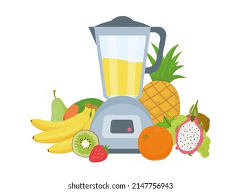 Electric blender, mixer or juicer for fruit juices. Assortment of different fruits and berries. Vector flat illustration in cartoon style isolated on white background