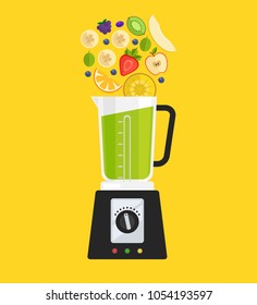 Electric blender mixer machine making detox diet juice with fruit apple banana kiwi strawberry gooseberry melon and pineapple. Healthy morning breakfast nutrition concept. Vector flat cartoon isolated