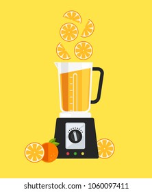 Electric blender mixer machine tool making detox diet juice with fruit citrus orange lemon. Healthy lifestyle morning energy breakfast nutrition concept. Vector flat cartoon isolated banner