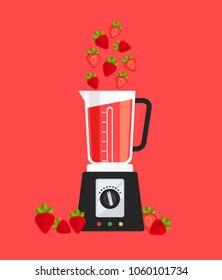 Electric blender mixer machine tool making detox diet juice with fruit strawberry berry. Healthy lifestyle morning energy breakfast nutrition concept. Vector flat cartoon isolated banner