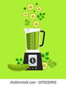 Electric blender mixer machine tool making detox diet juice with vegetable sliced cucumber parsley and dill. Healthy lifestyle morning energy breakfast nutrition concept. Vector flat graphic design