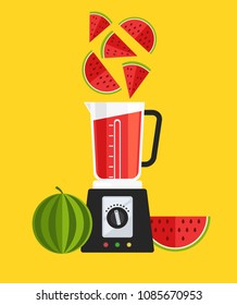 Electric blender mixer machine tool making detox diet juice watermelon sliced. Healthy lifestyle morning energy breakfast nutrition concept. Vector flat cartoon design graphic isolated illustration