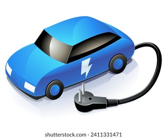 Electric blue car with a lightning bolt and an electrical outlet isolated on a white background