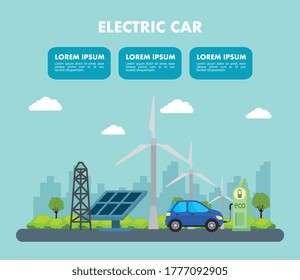 electric blue car with solar panel station and wind mills design, Eco energy power save sustainable environmental nature and conservation theme Vector illustration