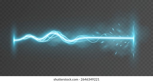Electric blue energy beam with dynamic glow and foggy lightning effect on a transparent background. Horizontal high-voltage with glowing particles and light trails. Vector illustration.