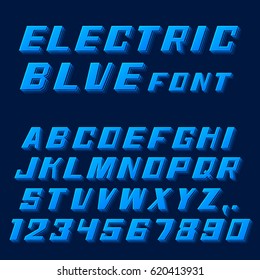 Electric blue font letters and numbers. Vector illustration 