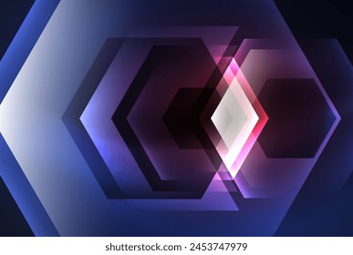 An electric blue glowing hexagon with a purple hue stands out against a dark violet background, creating a mesmerizing pattern of symmetry reminiscent of space gas