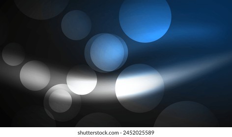 An electric blue spotlight shines on a dark sky background with blue and white circles, creating a mesmerizing pattern of tints and shades. The event is illuminated with a lens flare effect