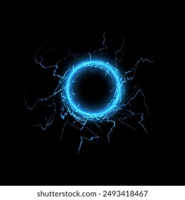 Círculo de trueno azul eléctrico con relámpagos brillantes. Ilustración vectorial de anillo de energía sobre fondo negro. Concepto de energía eléctrica futurista. Perfecto para diseños tecnológicos y de ciencia ficción.