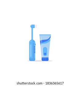 Electric blue toothbrush with tube of toothpaste. Tooth protection and cleaning everyday routine. Flat style objects with shadows on white background. Dental hygiene vector illustration.