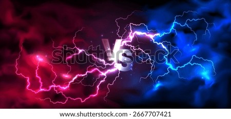 Electric blue vs red lightning clash on dark cloudy background.
