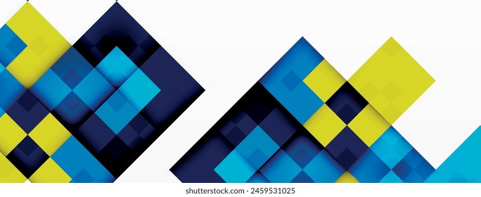 An electric blue and yellow geometric pattern of rectangles on a white background. The design features symmetry and parallel lines, creating a striking visual art piece with varying tints and shades