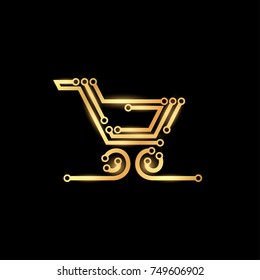 Electric board golden circuit shopping trolley. Electric commerce logo template.Cyber Monday discount illustration.