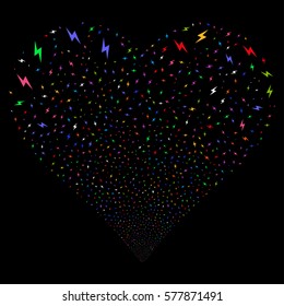 Electric Bolt fireworks with heart shape. Vector illustration style is flat bright multicolored iconic symbols on a black background. Object love heart made from confetti pictograms.