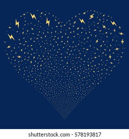Electric Bolt fireworks with heart shape. Vector illustration style is flat yellow iconic symbols on a blue background. Object salute made from confetti symbols.