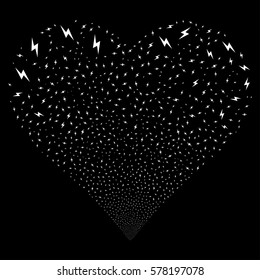 Electric Bolt fireworks with heart shape. Vector illustration style is flat white iconic symbols on a black background. Object valentine heart made from random pictograms.