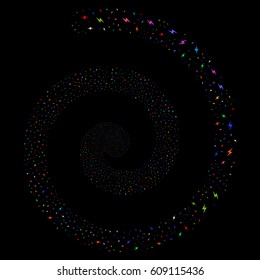 Electric Bolt hypnotic whirlpool spiral. Vector bright multicolored scattered pictographs.