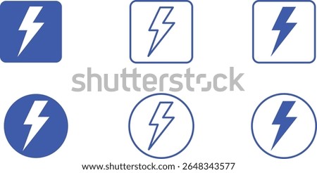 Electric Bolt Icon Set – Blue Lightning Symbols in Rounded and Square Frames with Filled and Outline Styles – Energy Vector Graphics for Power, Speed, Electricity, and Tech Interfaces