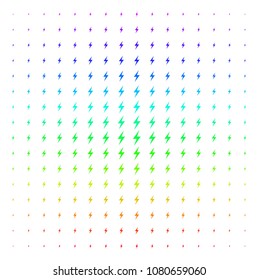 Electric Bolt icon spectrum halftone pattern. Vector electric bolt items arranged into halftone grid with vertical rainbow colors gradient. Designed for backgrounds, covers and abstraction concepts.