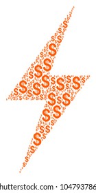 Electric Bolt mosaic of american dollars. Vector dollar currency icons are united into electric bolt mosaic.