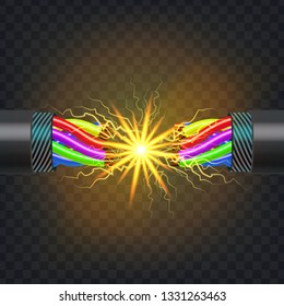 Electric Break Cable Vector. Electrical Circuit. Industrial Network Power. Glowing Lightning. 3D Realistic Isolated Illustration
