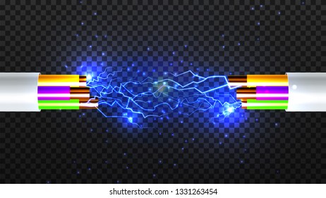 Electric Break Cable Vector. Electrician Rubber Cord. Copper Wire. Circuit Sparks. 3D Realistic Isolated Illustration