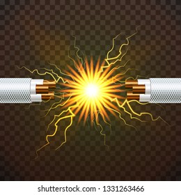 Electric Break Cable Vector. Electrician Rubber Cord. Copper Wire. Circuit Sparks. 3D Realistic Isolated Illustration