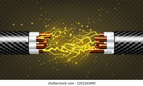 Electric Break Cable Vector. Electrician Rubber Cord. Copper Wire. Circuit Sparks. 3D Realistic Isolated Illustration