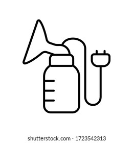 Elektrische Brusepumpe mit Stecker. Line Art Icon zum Ausdrucken von Milch. Schwarze, einfache Illustration des Gerätes, das an den Sockel angeschlossen ist. Contour einzeln auf weißem Hintergrund