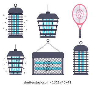 Electric bug zapper, fly swatter racket and mosquito trap vector cartoon flat set isolated on a white background.