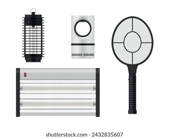 Electric bug zapper fly swatter racket and mosquito trap set realistic vector illustration. Insect protection control shock lamp power danger ultraviolet rays insecticide pest killer device with grid