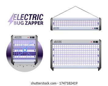 electric bug zapper, stop mosquito Trap Vector Illustration. Fly swatter flat set isolated on a white background.