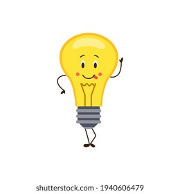 Electric bulb character smiling waving hand, flat vector illustration isolated.