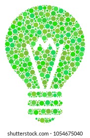 Electric Bulb collage of filled circles in different sizes and fresh green color tinges. Vector circle elements are combined into electric bulb collage. Ecology design concept.