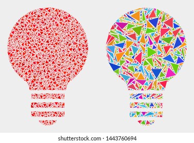 Electric bulb collage icon of triangle items which have various sizes and shapes and colors. Geometric abstract vector design concept of electric bulb.