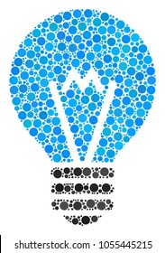 Electric Bulb collage of round dots in various sizes and color tints. Filled circles are composed into electric bulb vector composition. Vector design concept.