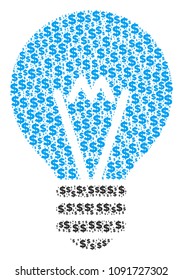 Electric bulb composition of dollars and circle points. Vector banking icons are arranged into electric bulb collage.