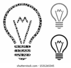 Electric bulb composition of raggy pieces in variable sizes and color tints, based on electric bulb icon. Vector irregular pieces are grouped into composition.